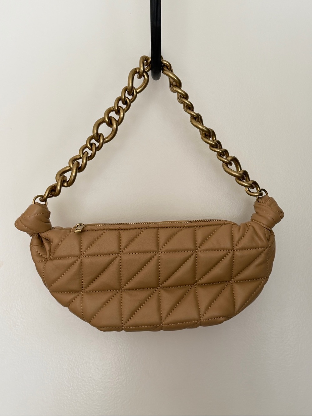 Zara Quilted Tan Crossbody with Gold Chain Strap